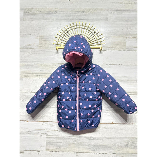 Carter's Puffer Jacket Girls 3T Navy Pink Polka Dot Hooded Zip Coat GUC*0