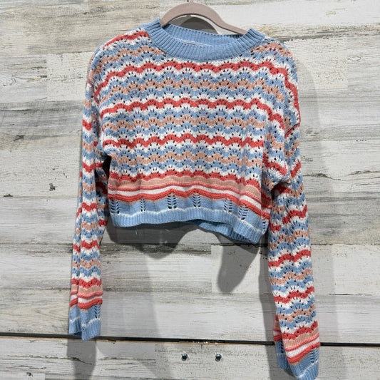 Chevron Pointelle Knit Sweater Women S Blue Multi Acrylic Boho EUC0