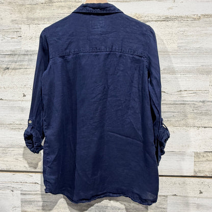 Sigrid Olsen Linen Shirt Women M Navy Blue Roll Tab Sleeve Coastal *Flawed*5
