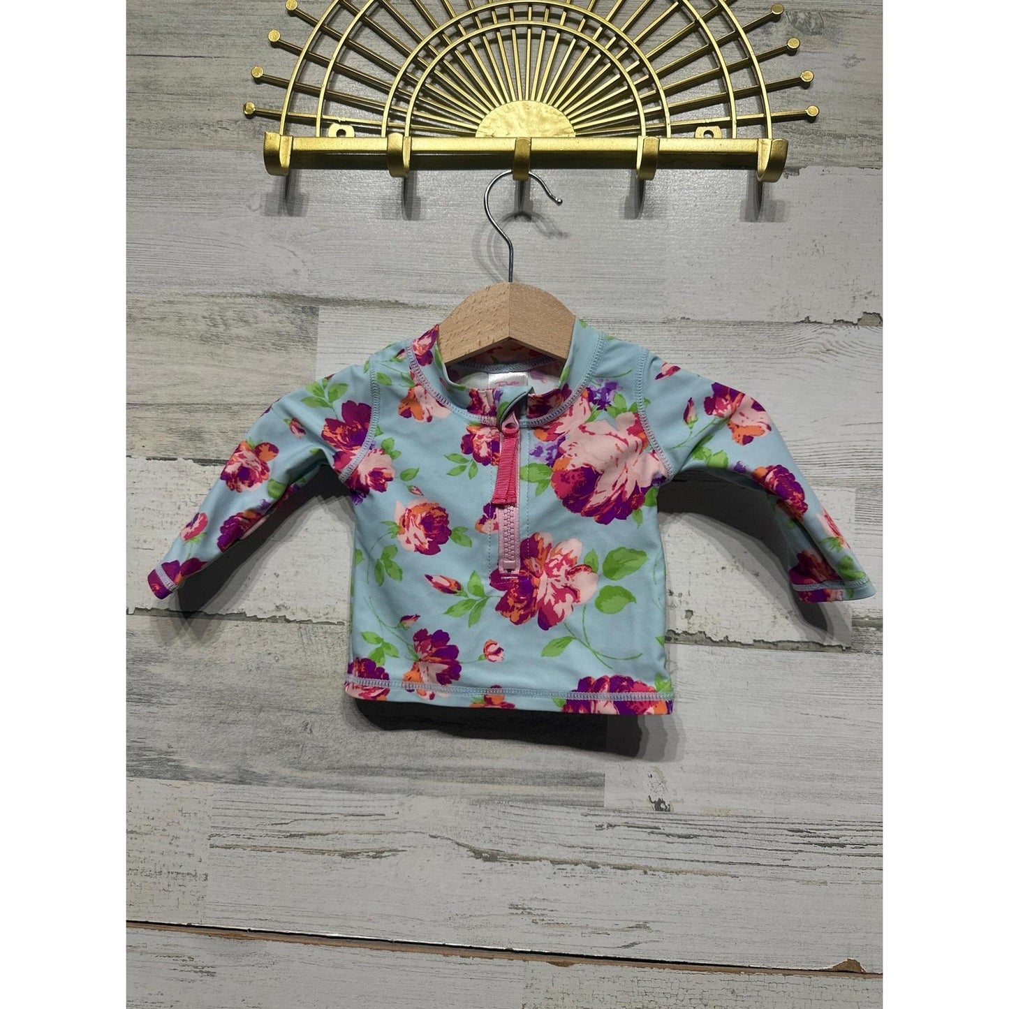 Ruffle Butts Rash Guard Girls 3-6m Floral Long Sleeve Zip Swim Top EUC0