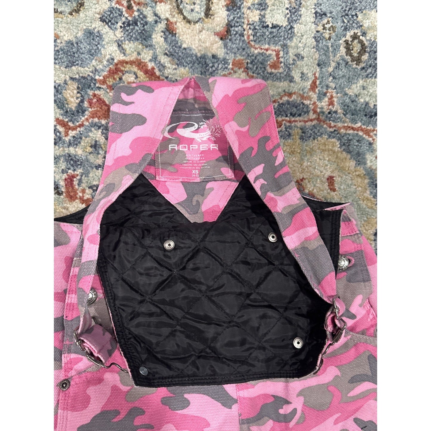 Roper Camo Overalls Girls XS 4-5 Pink Camouflage Bib Quilted Liner Cargo3