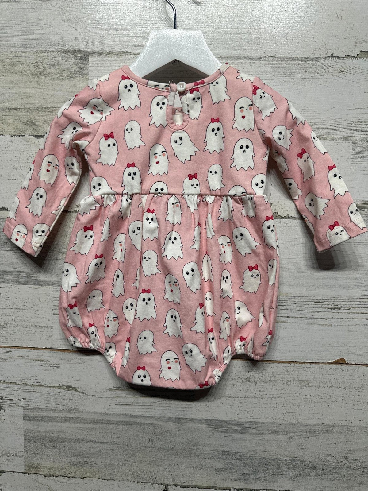 Pink Ghost Print Bubble Romper Girls 9M Pink Pom Pom Trim Halloween EUC2