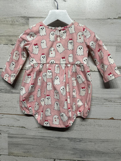 Pink Ghost Print Bubble Romper Girls 9M Pink Pom Pom Trim Halloween EUC2