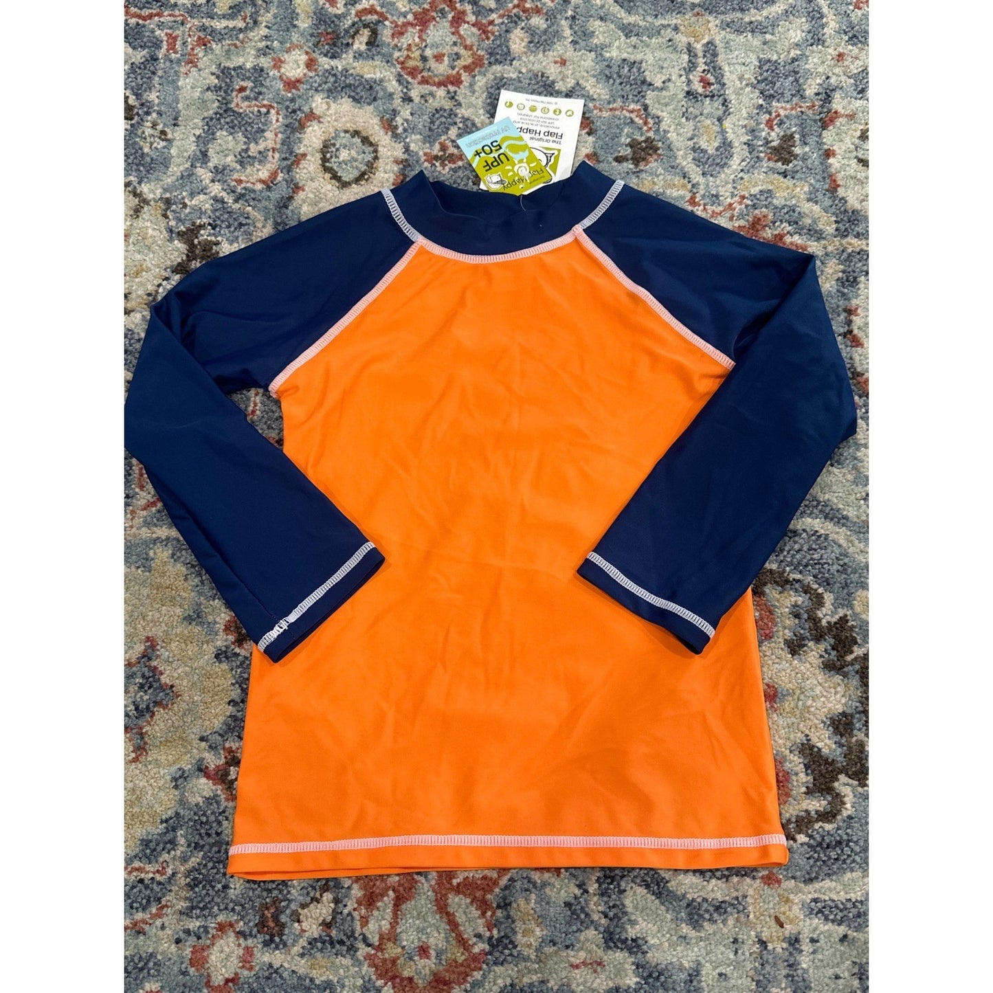Flap Happy Rash Guard Boys 6X/7 Orange Navy Solid Bright UPF 50+ NWT0