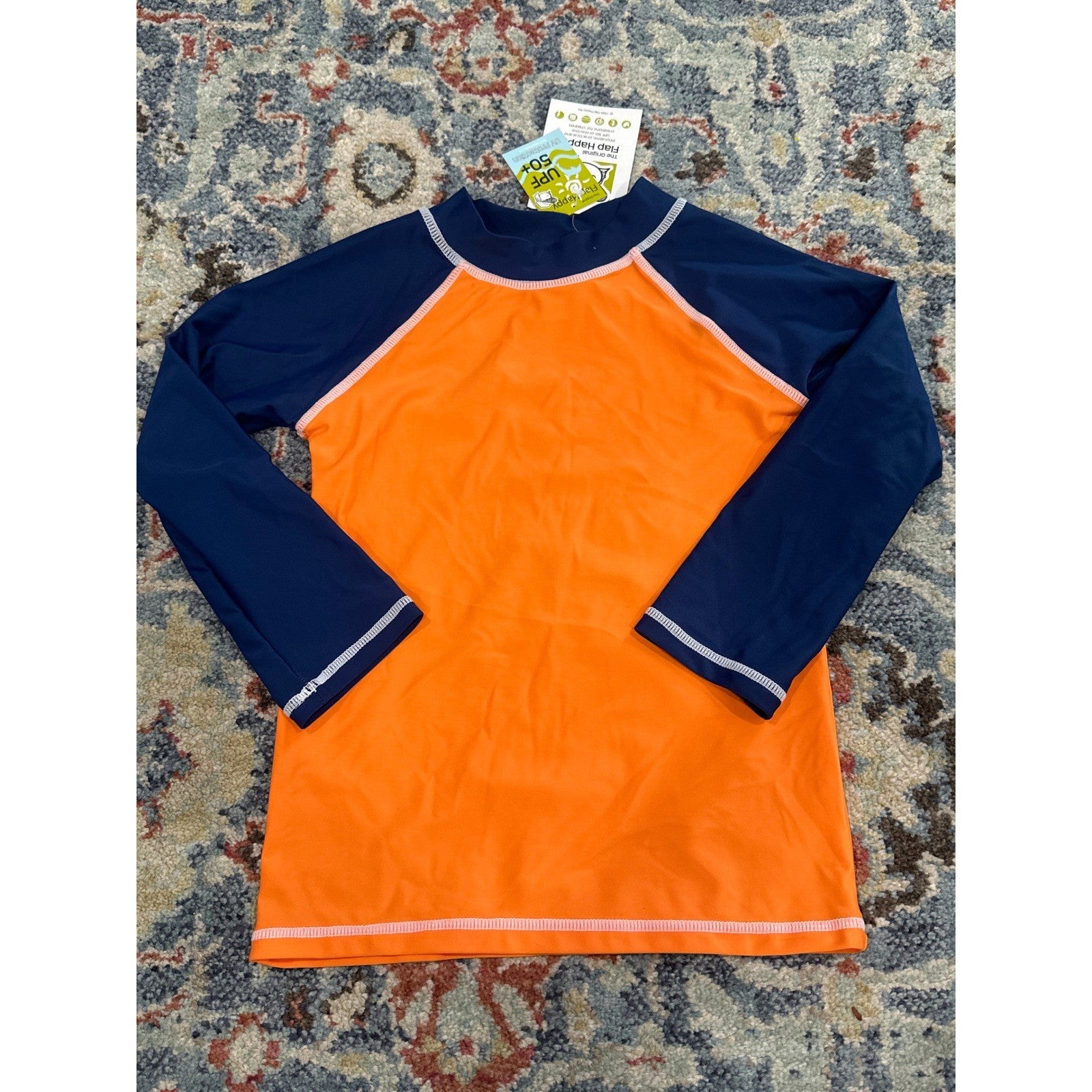 Flap Happy Rash Guard Boys 6X/7 Orange Navy Solid Bright UPF 50+ NWT0