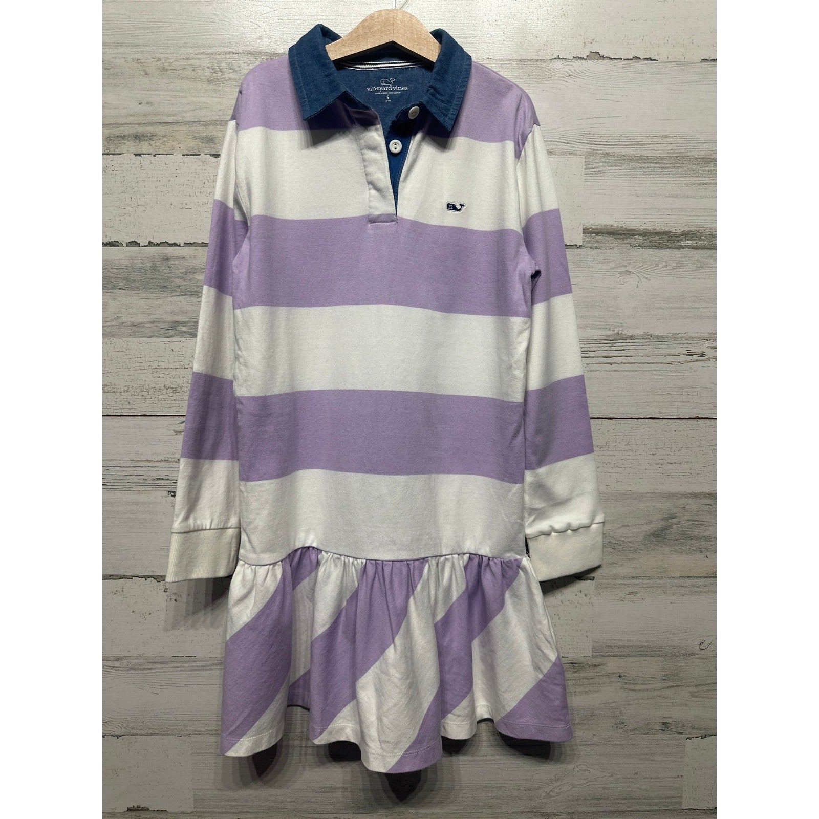Vineyard Vines Rugby Dress Girls S 8-10 Purple Striped Long Sleeve Ruffle NWT0