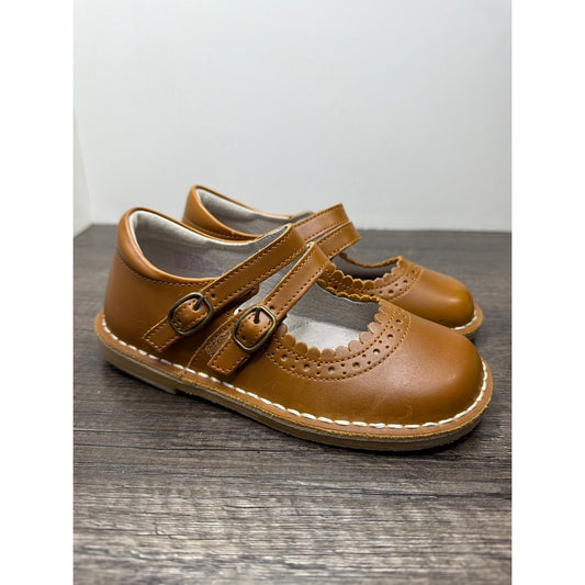 L'Amour Mary Jane Shoes Girls 12 Brown Leather Scalloped T-Strap Preppy GUC*0