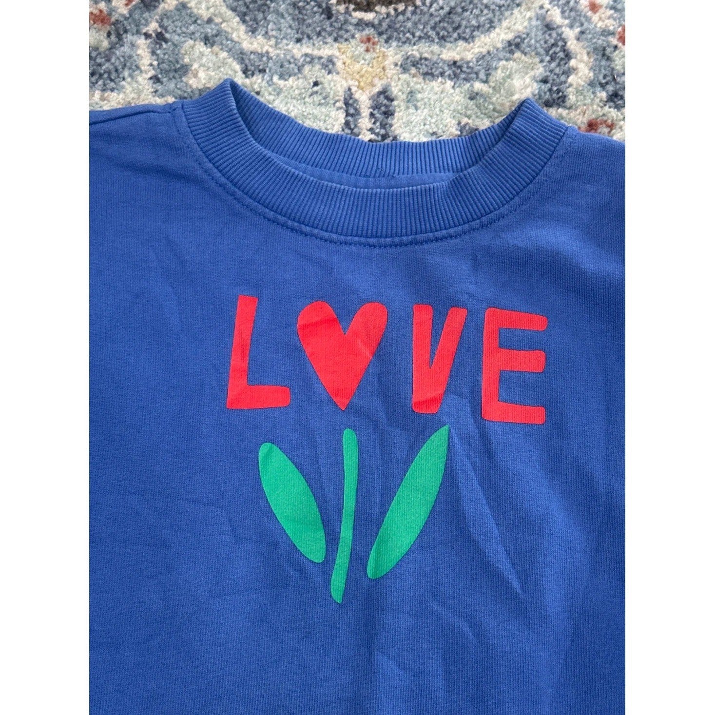 Hanna Andersson Sweatshirt Girls 8 Blue Love Flower Graphic Peplum Hem1
