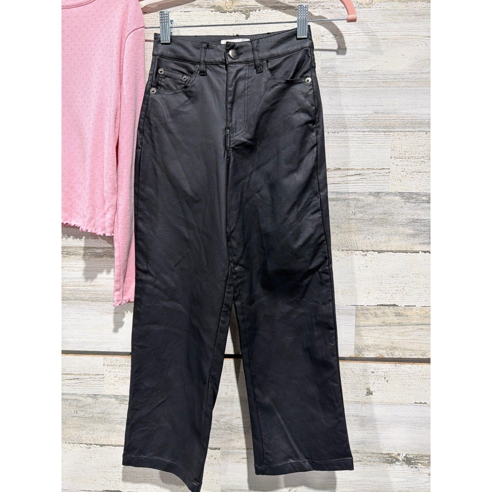 Crewcuts GB Outfit Set Girls 8 Pink Pointelle Top Black Faux Leather Pants EUC3