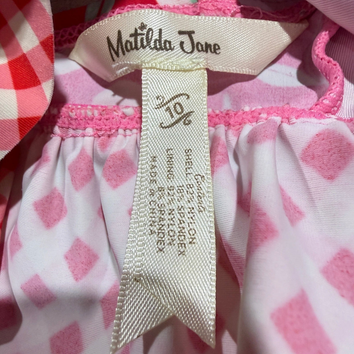 Matilda Jane Tankini Swimsuit Girls 10 Red Cherry Gingham Ruffle Retro EUC6