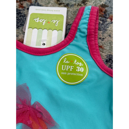 Le Top Swimsuit Girls 9M Turquoise Pink Flamingo Tulle UPF 30 NWT Flaws1