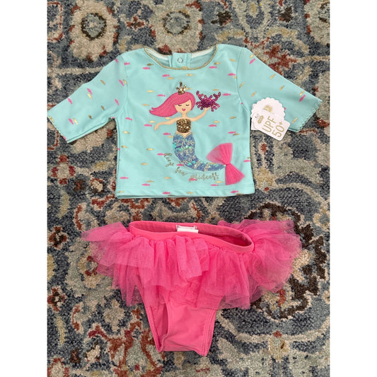 Mud Pie Mermaid Rash Guard Tutu Swimsuit Girls 3-6M Mint Pink Sequin NWT0