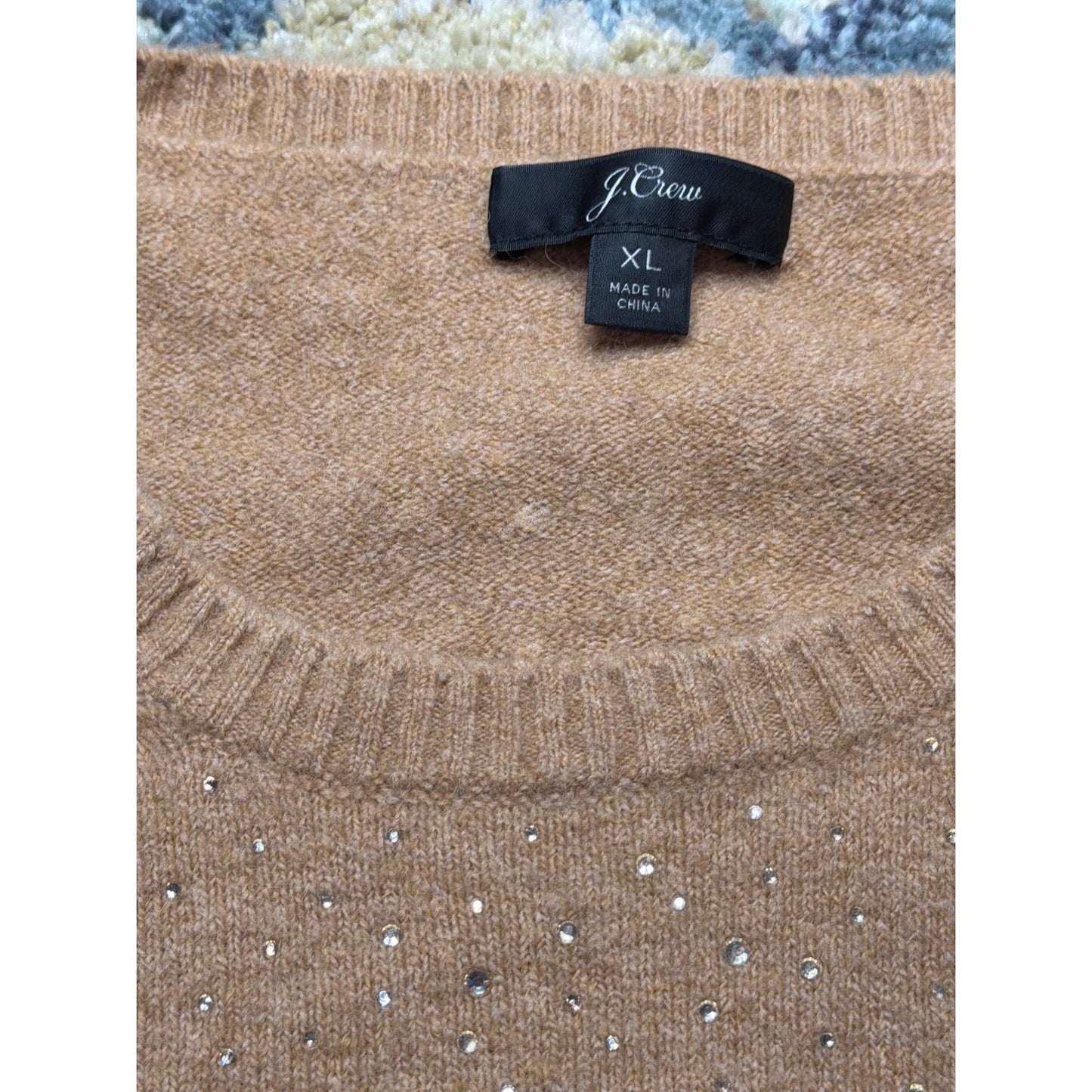 J. Crew Short Sleeve Sweater Women XL Tan Rhinestone Merino Wool Blend EUC1