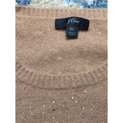J. Crew Short Sleeve Sweater Women XL Tan Rhinestone Merino Wool Blend EUC1