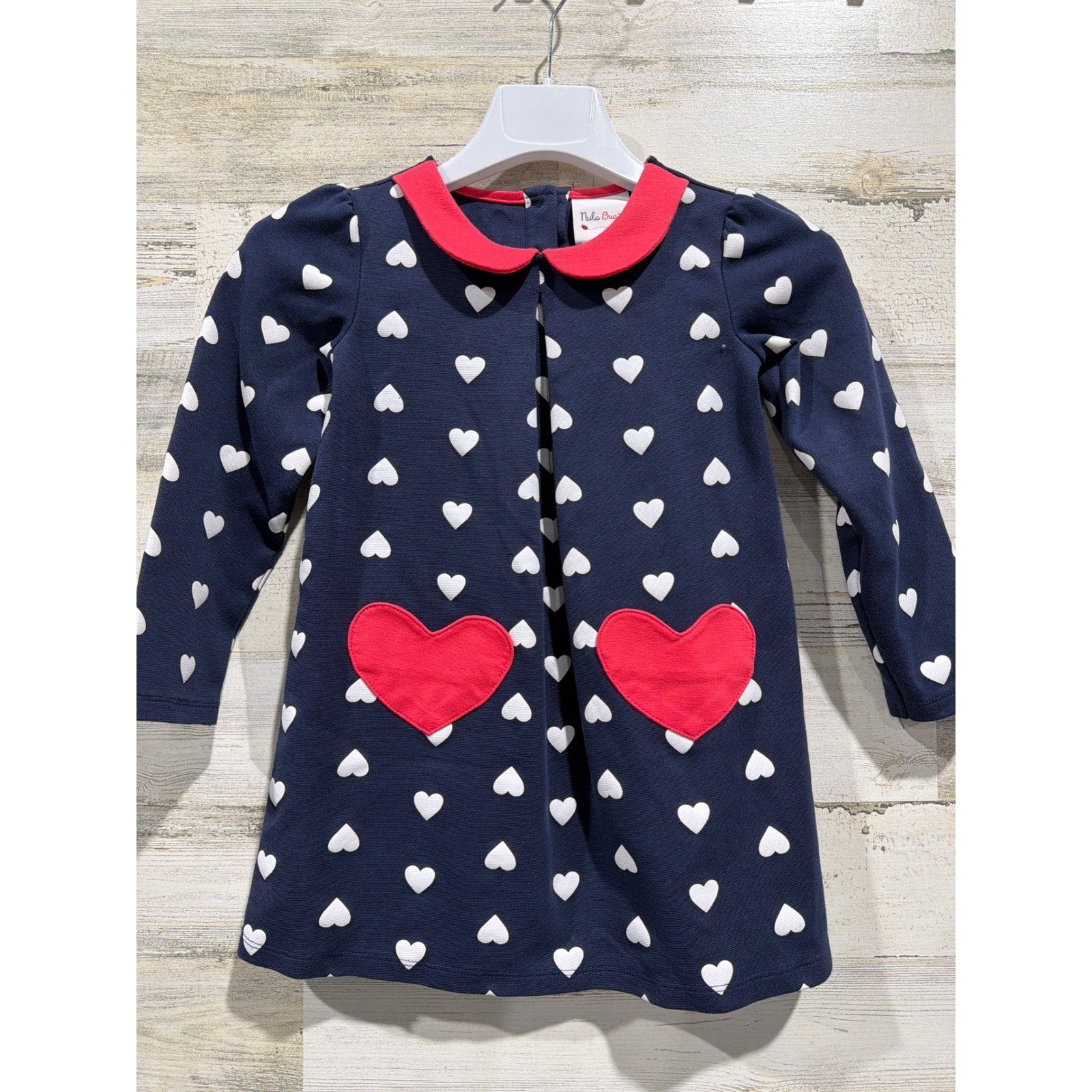 Nula Bug Heart Print Dress Girls 5 Navy Blue Peter Pan Collar Mod EUC0