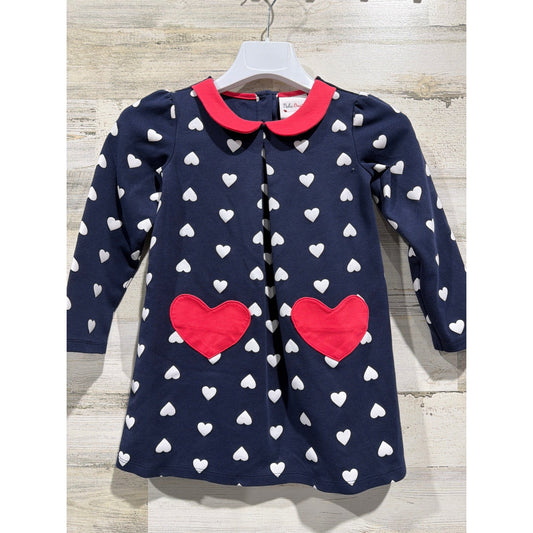 Nula Bug Heart Print Dress Girls 5 Navy Blue Peter Pan Collar Mod EUC0