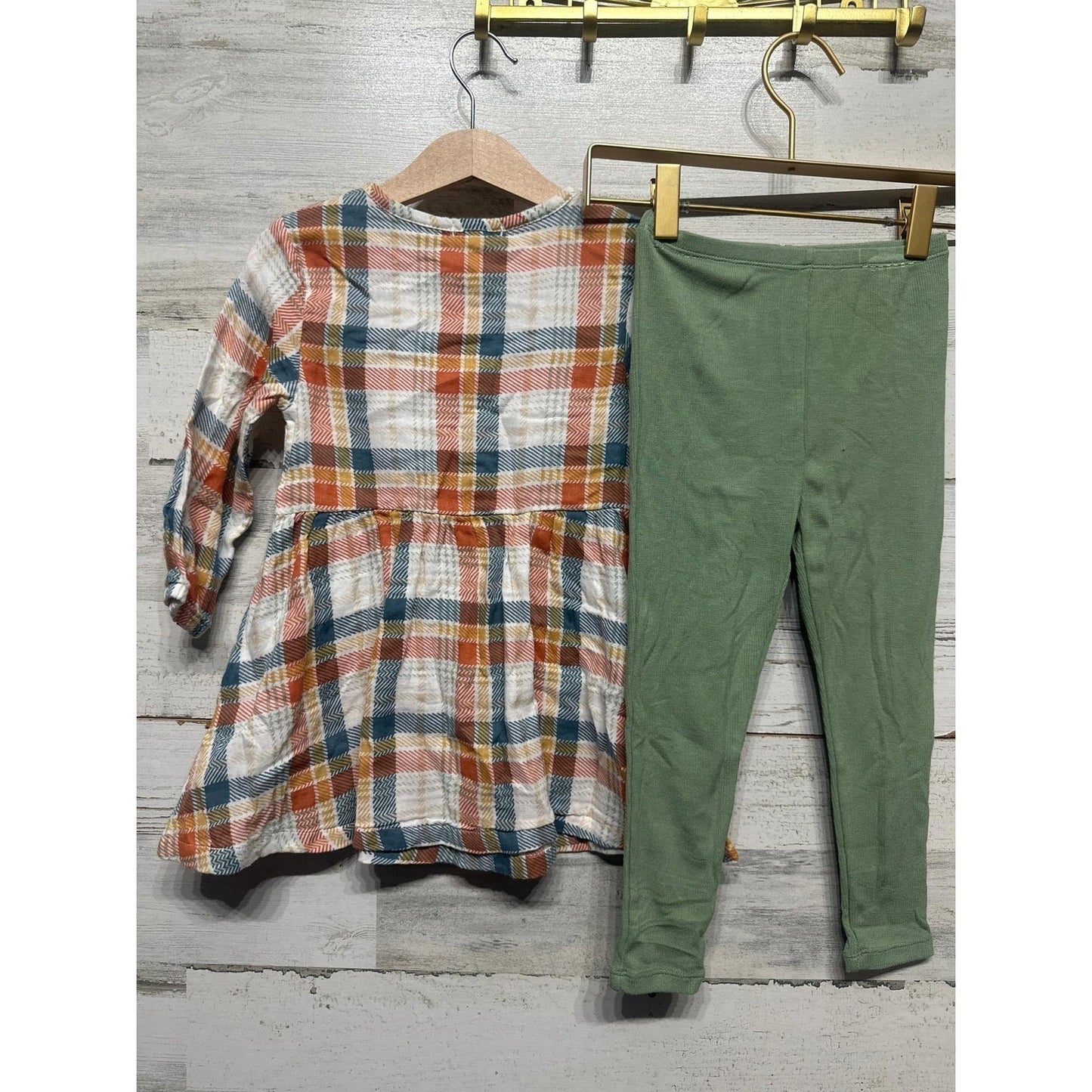 Angel Dear Tunic Leggings Set Girls 3T Autumn Fall Green Orange Plaid Muslin NWT2