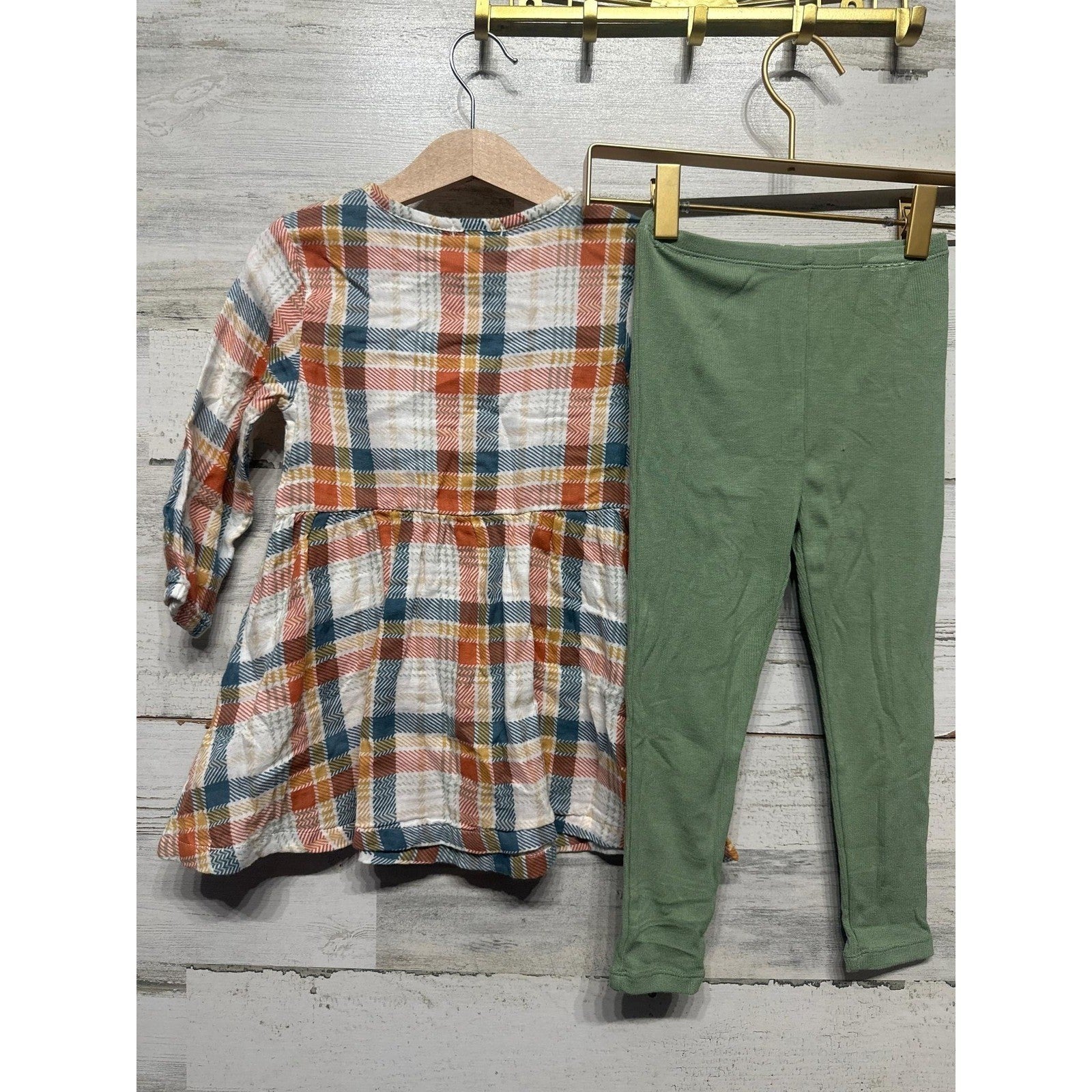Angel Dear Tunic Leggings Set Girls 3T Autumn Fall Green Orange Plaid Muslin NWT2