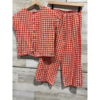 Hanna Andersson Linen Set Girls 12 Red Gingham Check Two Piece *Flawed7