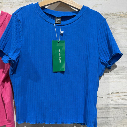 SHEIN Ribbed Crop Top Set Women M Blue Pink Lettuce Trim Y2K Basics1