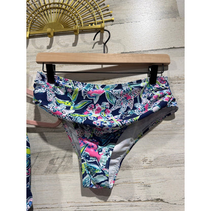 Boutique Tankini Swimsuit Women Medium Blue Floral Halter Tropical Preppy EUC2