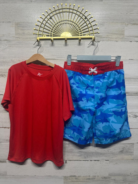 Okani Surf Saint Eve Swim Set Boys Large Red Blue Shark Camo Rash Guard Trunks0