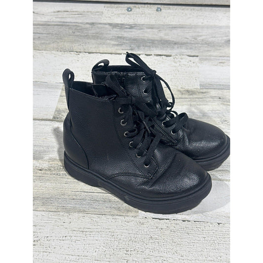 Art Class Combat Boots Girls Size 2 Black Faux Leather Lace Up Grunge GUC0