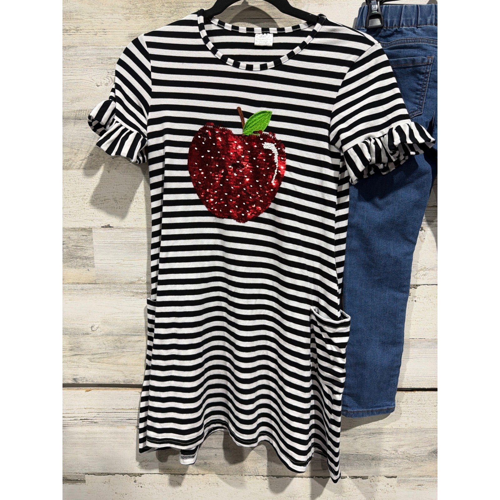 OshKosh Dress Shirt Jeggings Girls 7 Medium Sequin Apple Birthday GUC5