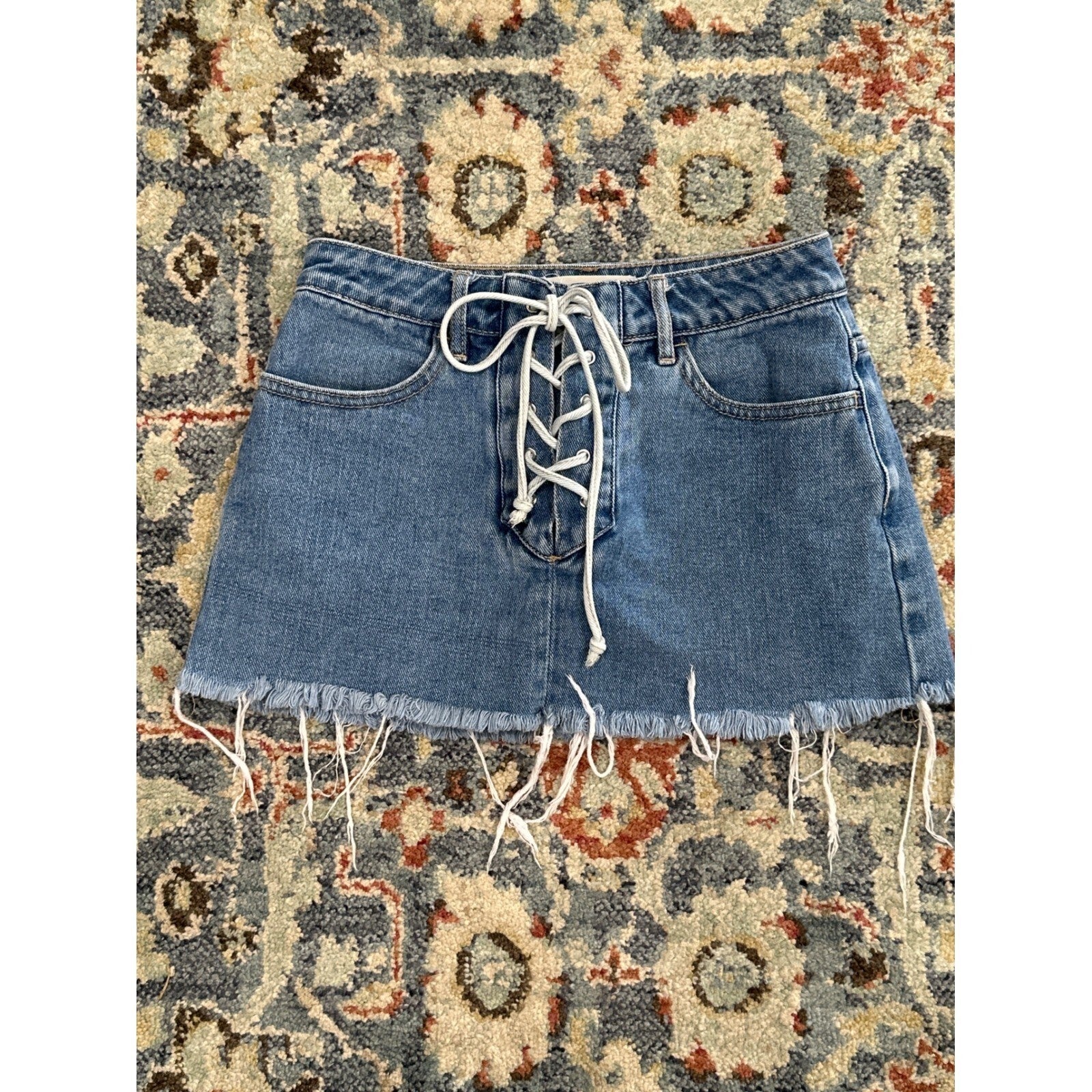 PACSUN Denim Mini Skirt Women 23 Blue Lace Up Raw Hem EUC0