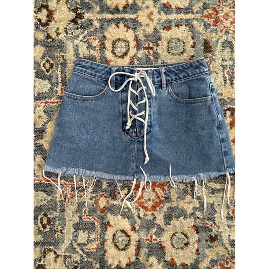 PACSUN Denim Mini Skirt Women 23 Blue Lace Up Raw Hem EUC0