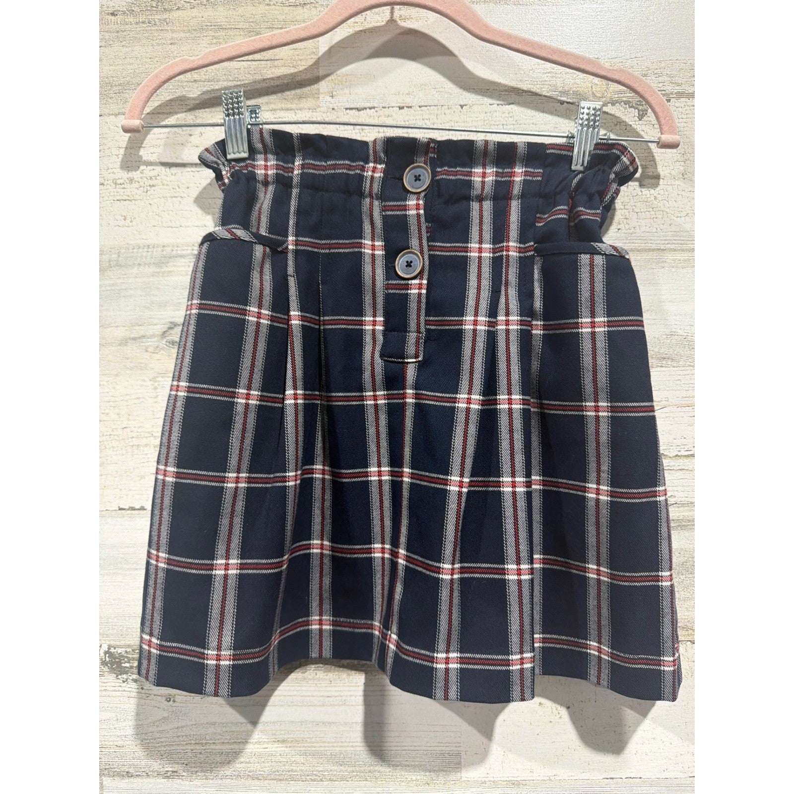 Zara Plaid Skirt Girls 11-12 Navy Blue Tartan Paperbag Waist Preppy EUC0
