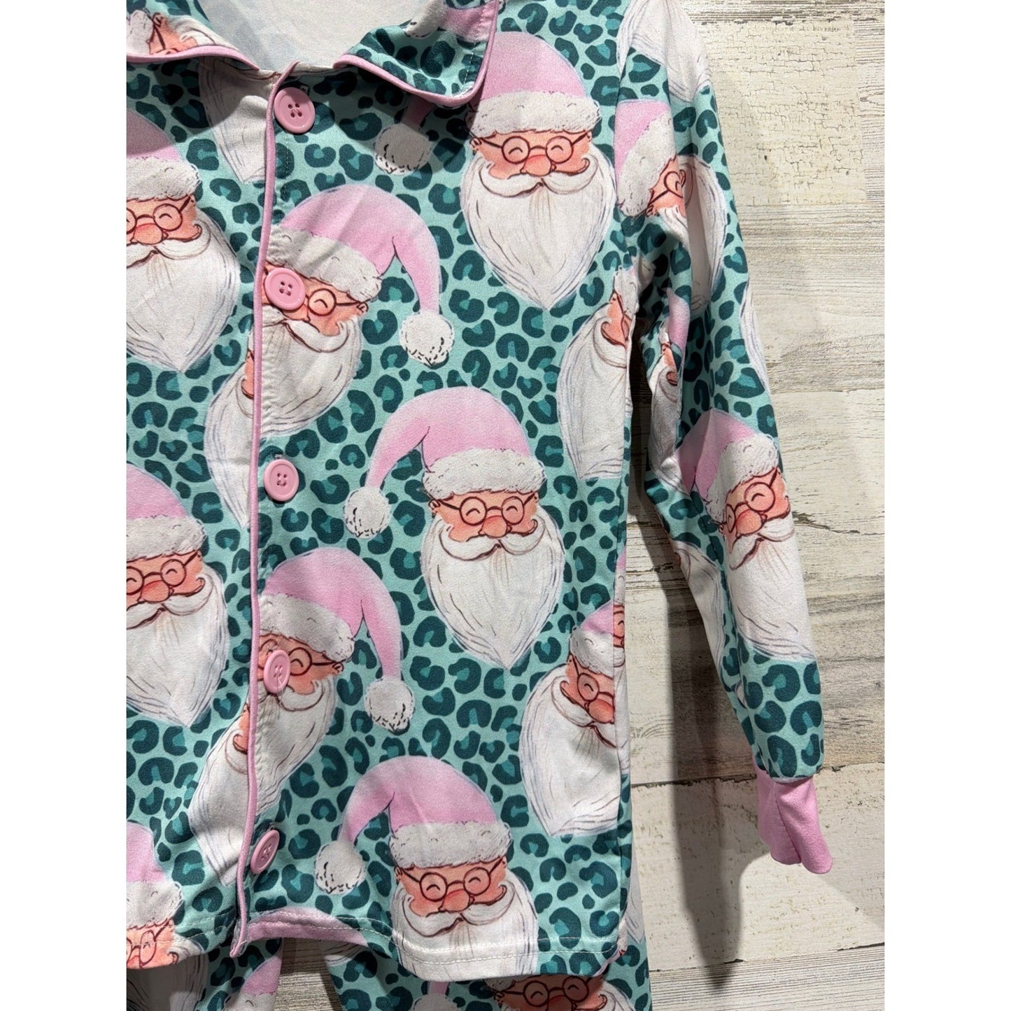 Boutique Santa Pajamas Girls 8-9 Teal Pink Leopard Print Holiday EUC1