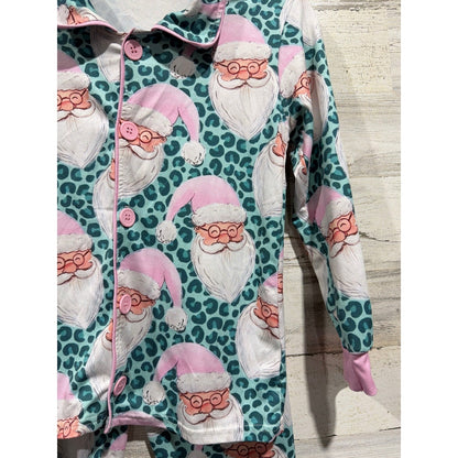 Boutique Santa Pajamas Girls 8-9 Teal Pink Leopard Print Holiday EUC1