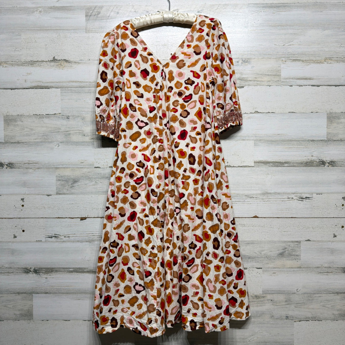 Pink Chicken Midi Dress Women Small Tan Leopard Sequin Cuff Cotton Boho EUC4