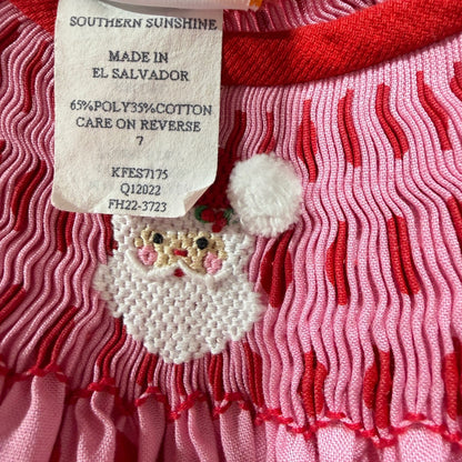 Southern Sunshine Smocked Dress Girls 7 Pink Santa Polka Dot Holiday EUC4