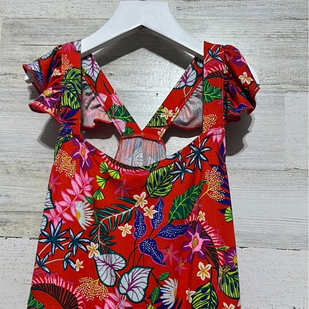 Wonder Nation Maxi Dress Girls 10/12 Red Tropical Floral Ruffle Tiered EUC1