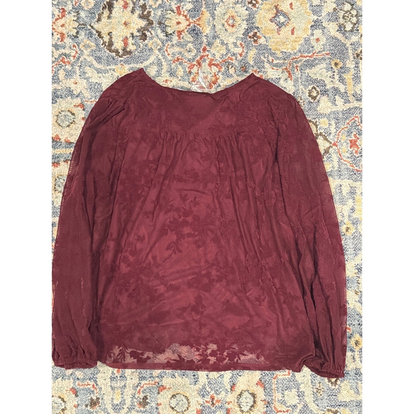 DR2 Blouse Women XXL Burgundy Floral Jacquard Sheer Sleeve Boho NWT2
