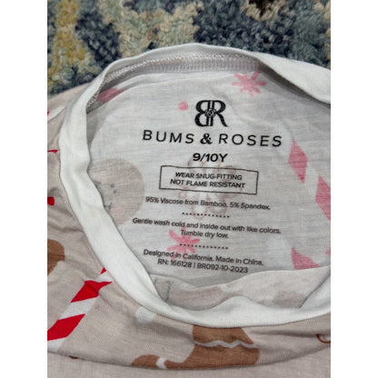 Bums & Roses Pajama Set Kids 9/10 Tan Gingerbread Bamboo Holiday EUC2