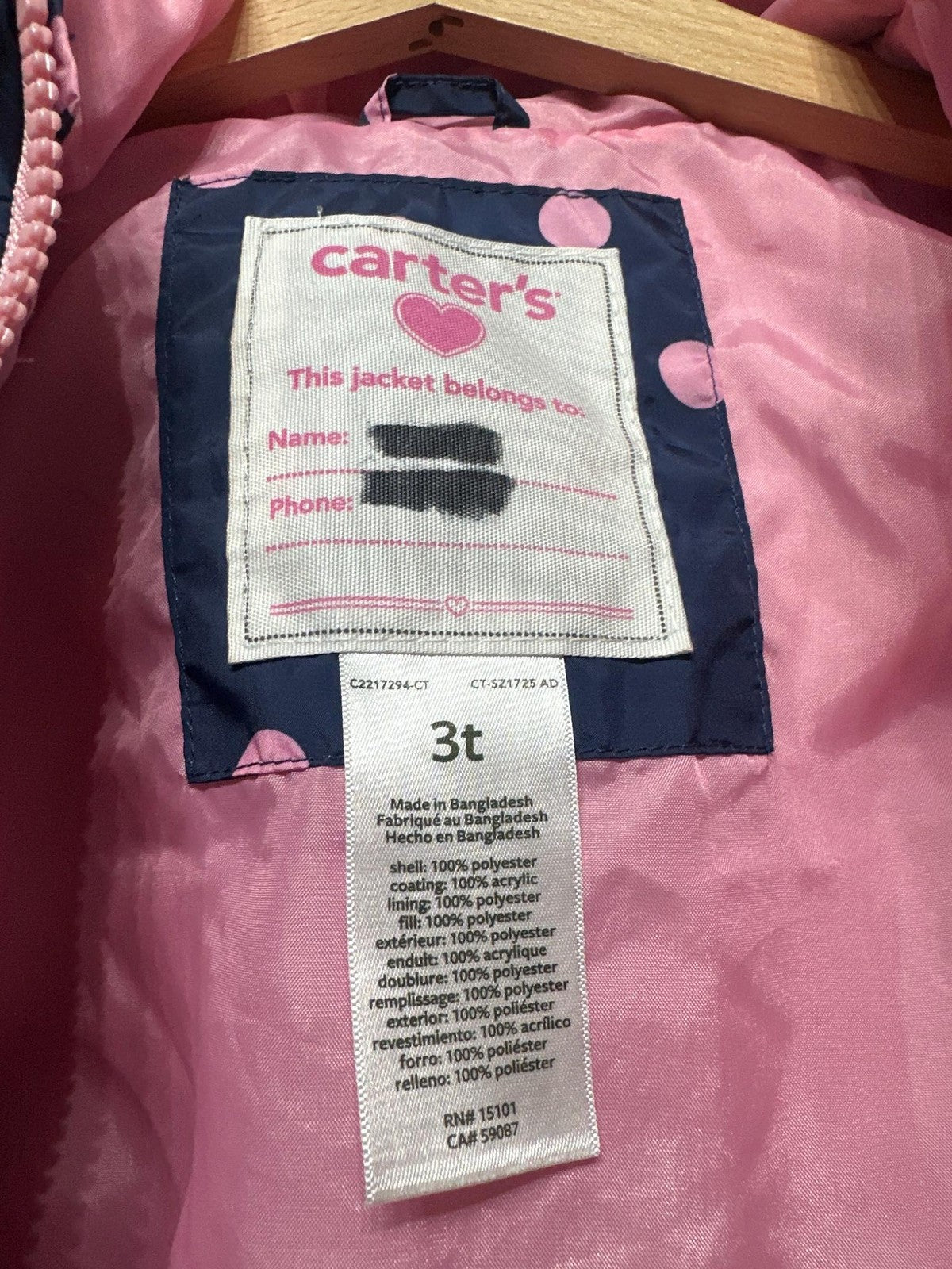 Carter's Puffer Jacket Girls 3T Navy Pink Polka Dot Hooded Zip Coat GUC*2