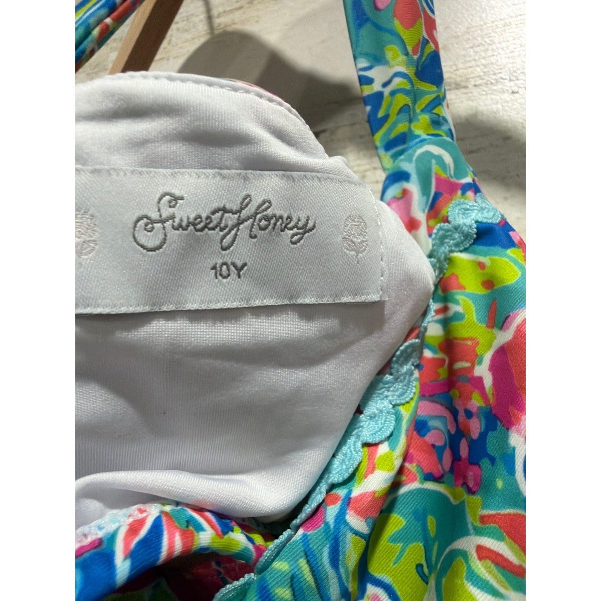Sweet Honey Swim Top Girls 10 Multi Color Floral Lace Trim Preppy EUC2