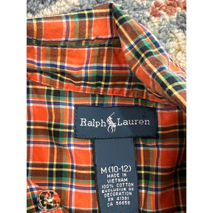 Ralph Lauren Plaid Button Down Shirt Kids M 10-12 Orange Green Good Preppy Top2