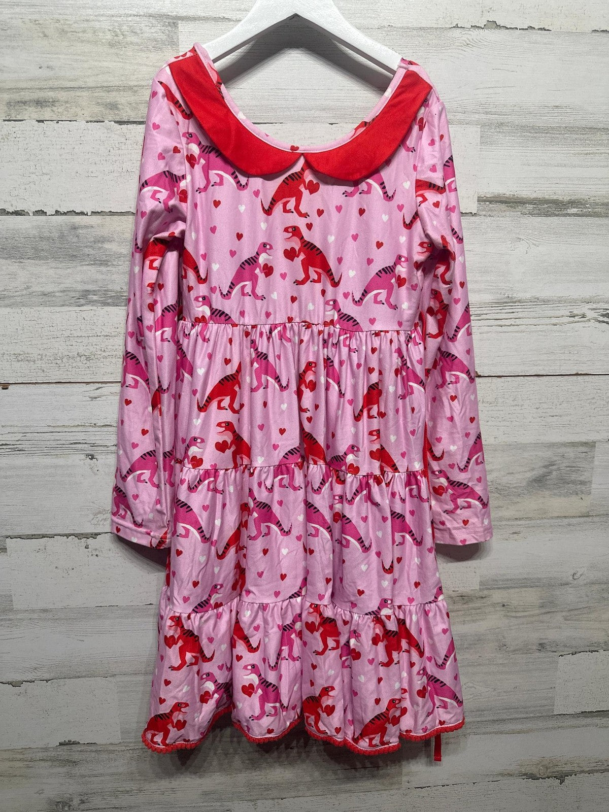 Cheeky Plum Dinosaur Heart Dress Kids 12Y Pink Red Peter Pan Collar EUC0
