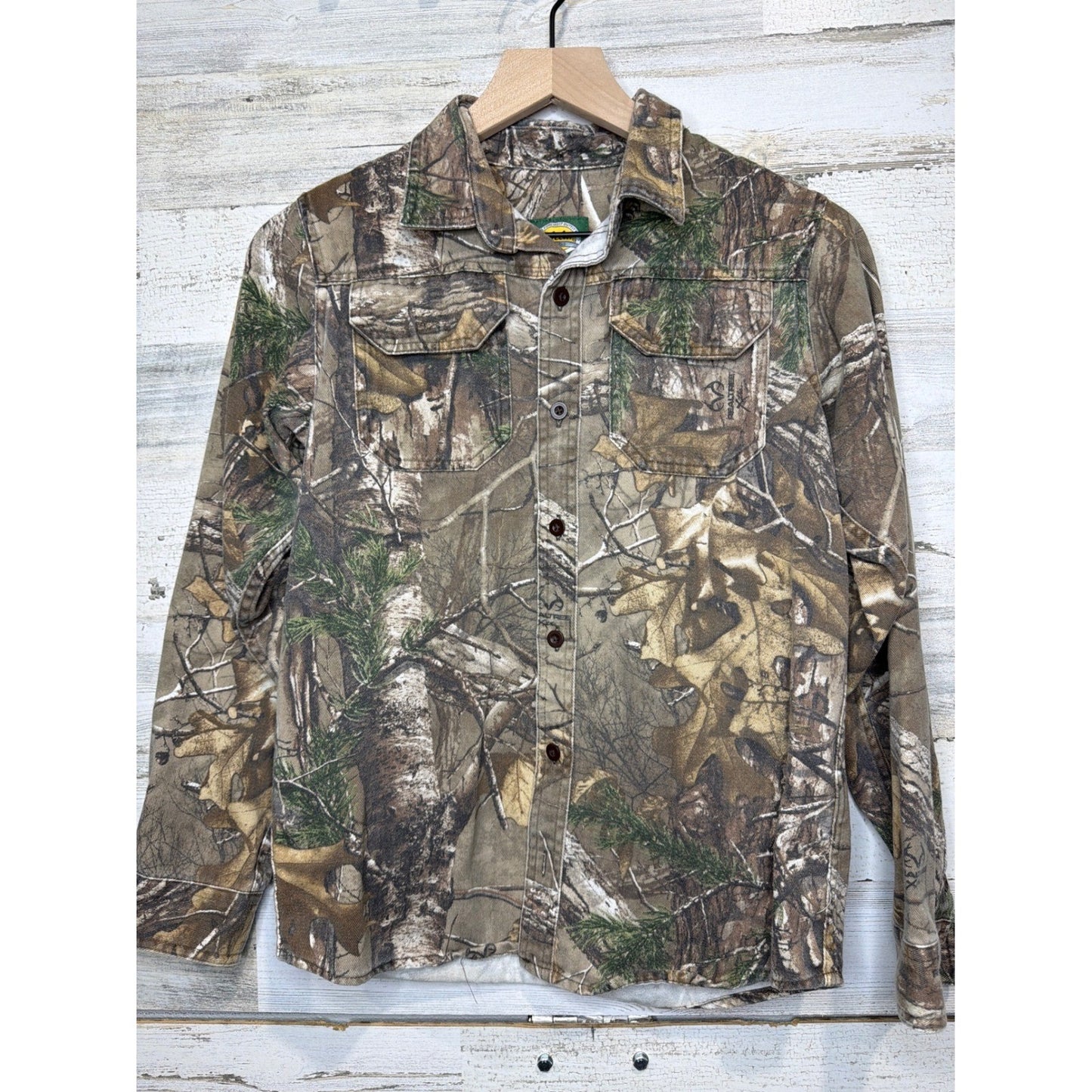 Cabela's Button Down Shirt Boys 12 Realtree Camo Hunting Gorpcore EUC0