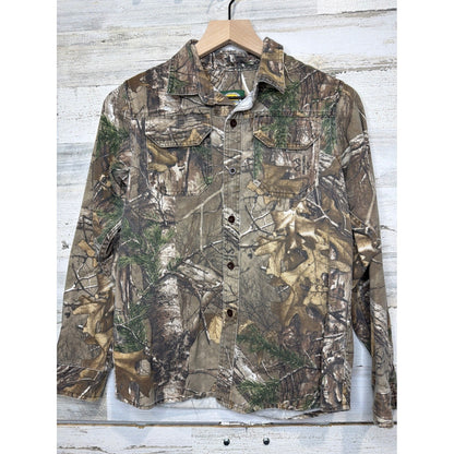 Cabela's Button Down Shirt Boys 12 Realtree Camo Hunting Gorpcore EUC0