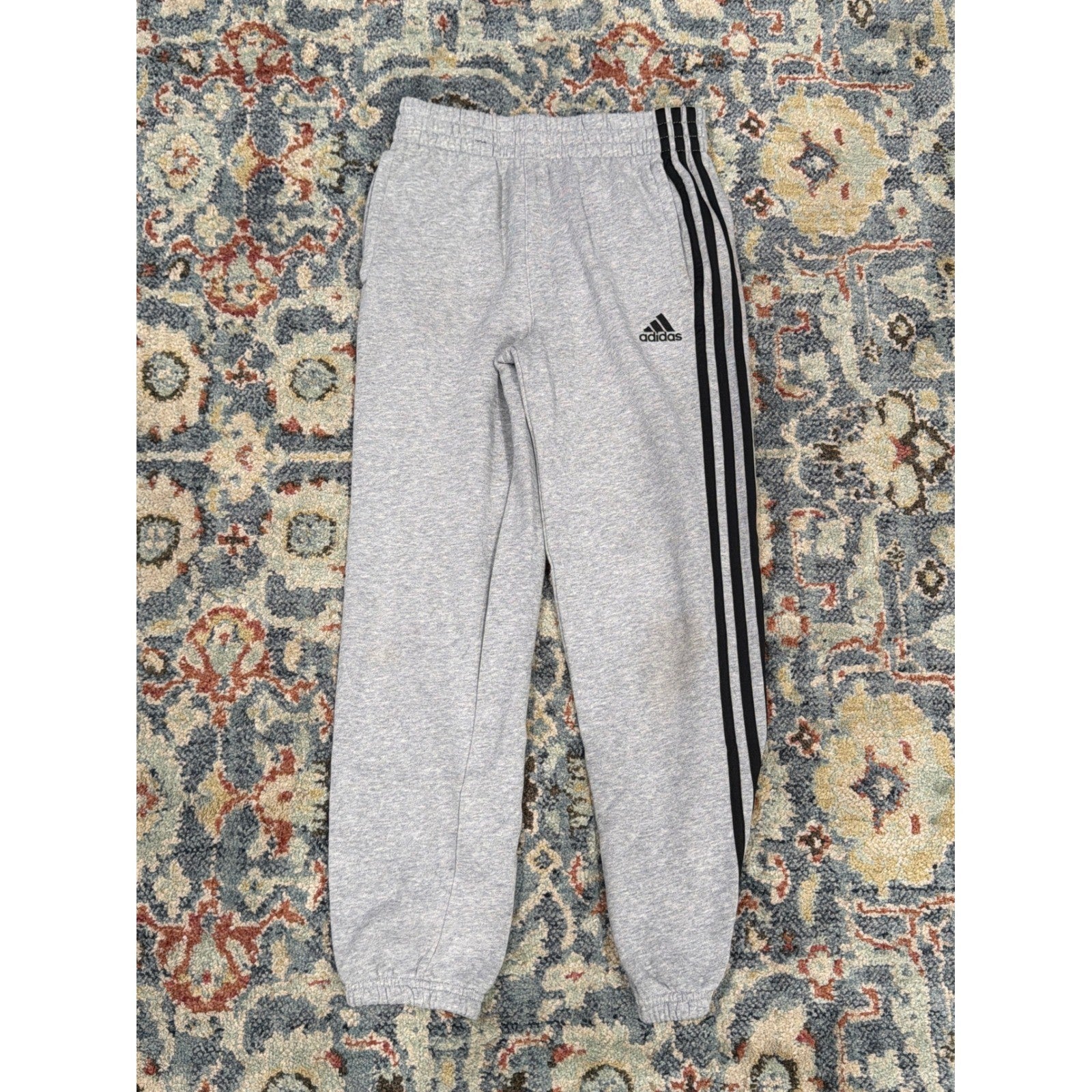 Adidas Sweatpants Boys 10/12 Gray 3-Stripe Fleece Joggers Athleisure *Flawed2