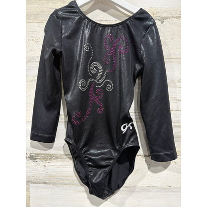 GK Leotard Custom "GYMNASTI" Rhinestone Girls M/L Long Sleeve Shimmer EUC0