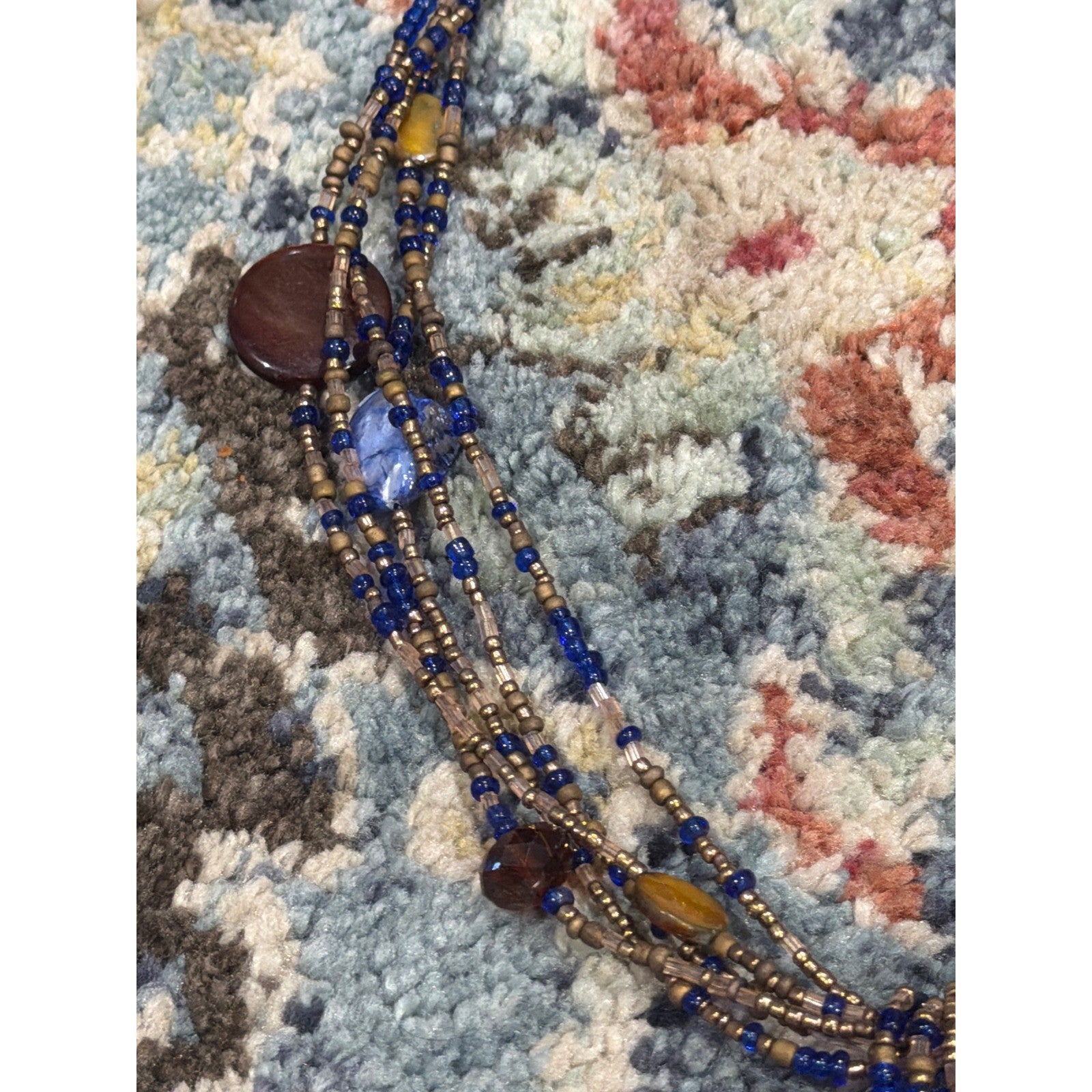 Beaded Necklace Women Blue Gold Flower Glass Boho2