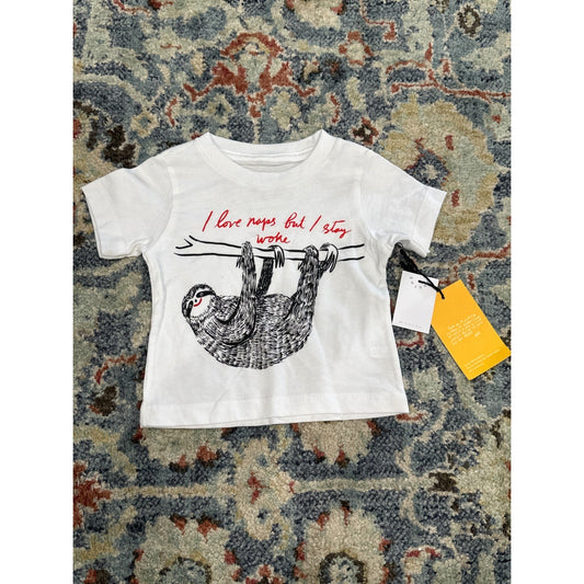 Youths T-Shirt Boys 6M White Sloth I Love Naps But I Stay Woke NWT0