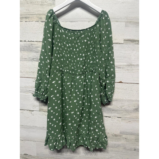 Chenault Floral Smocked Dress Girls 10 Green Long Sleeve Ruffle EUC0