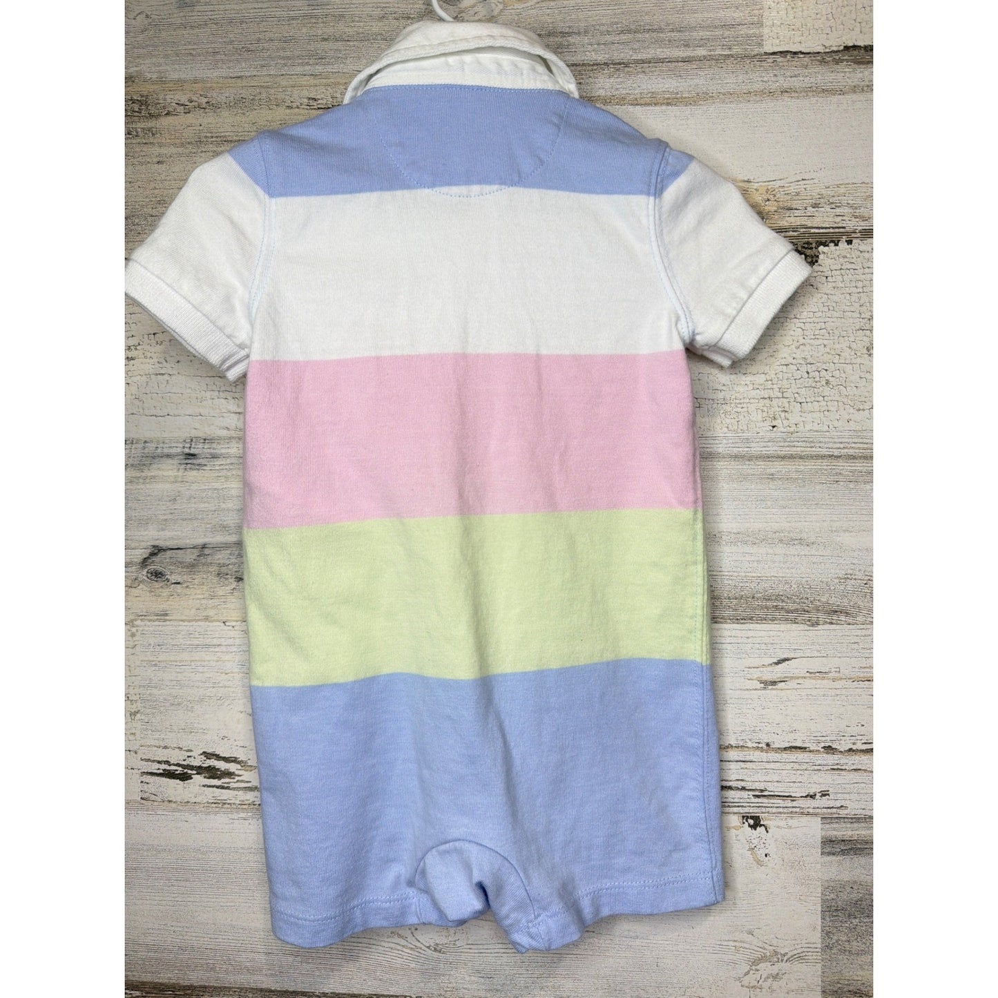 Ralph Lauren Polo Romper Boys 9M Pastel Striped Preppy Summer EUC3